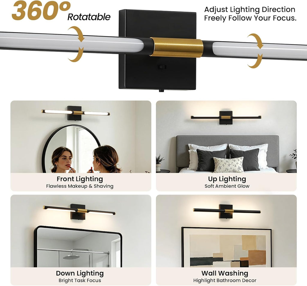 Black Gold Vanity Light , 24 inch 5CCT 360° Rotatable Bathroom Light Fixture Over Mirror Dimmable LED Vanity Lighting