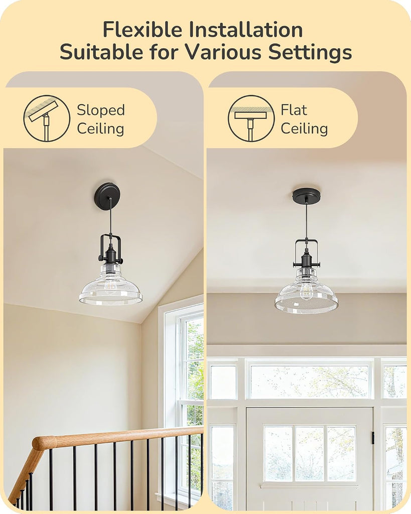 Farmhouse Pendant Lights Kitchen Island, Clear Seeded Glass Shade Hanging Light with Matte Black Finish, Modern