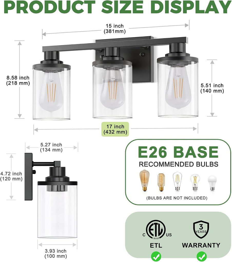 17 Inch Bathroom Light Fixtures, 3-Light Black Bathroom Lighting Fixtures Over Mirror with Clear Glass Shade, Vanity