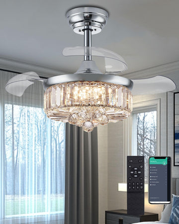 30 Inch Crystal Fandelier Ceiling Fan with Light Dimmable Chandelier Ceiling Fans with Lights ,Chrome