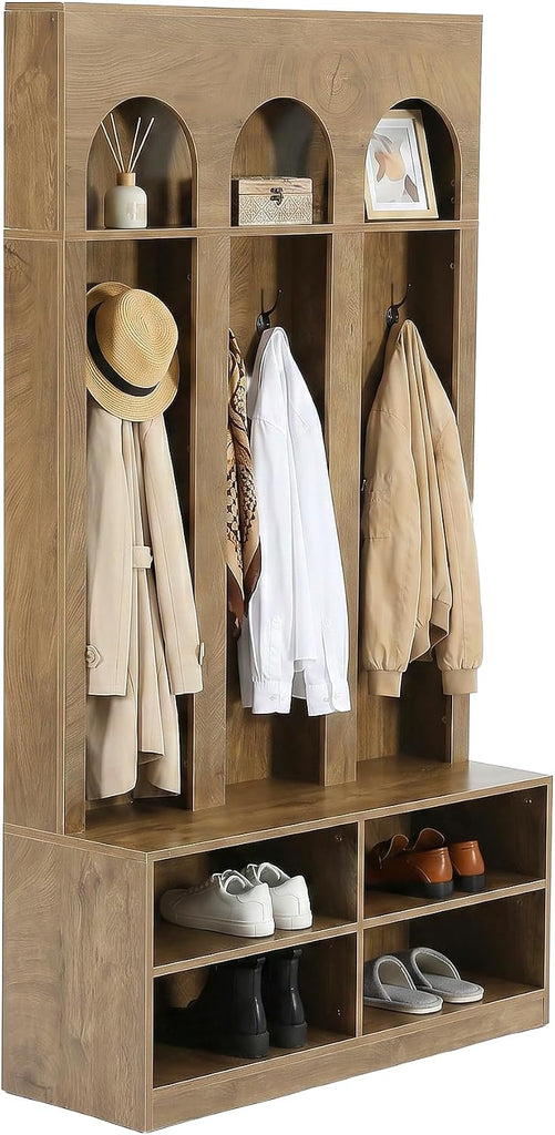 Hall Tree, 70" Entryway Bench with Coat Rack and Shoe Storage | 6 Double Hooks, Mudroom Bench with Storage and Hooks