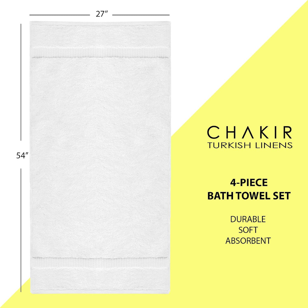 4 Piece Bath Towel Set, 100% Cotton Luxury Turkish Towels , Soft Absorbent Bath Towels, 27 x 54 Inches, White
