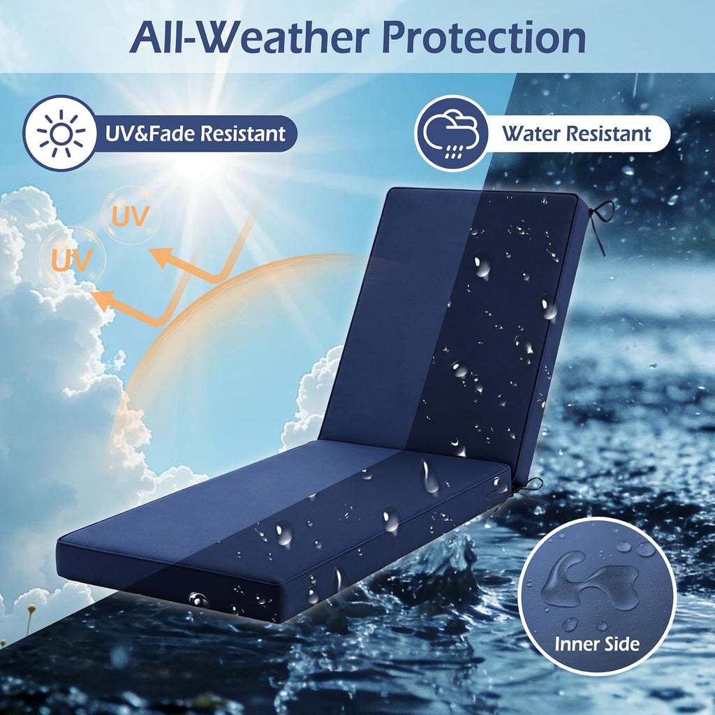Chaise Lounge Cushions Outdoor, 72"x21"x3", Navy Blue