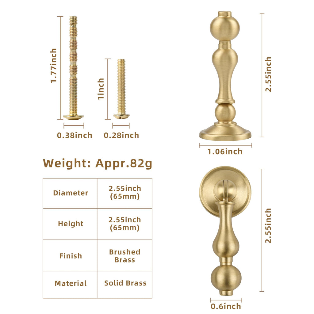 Solid Brass Kitchen Cabinet knobs 6 Pack, Brushed Gold Drop Pulls for Dresser and Drawers, Modern Cupboard Wardrobe