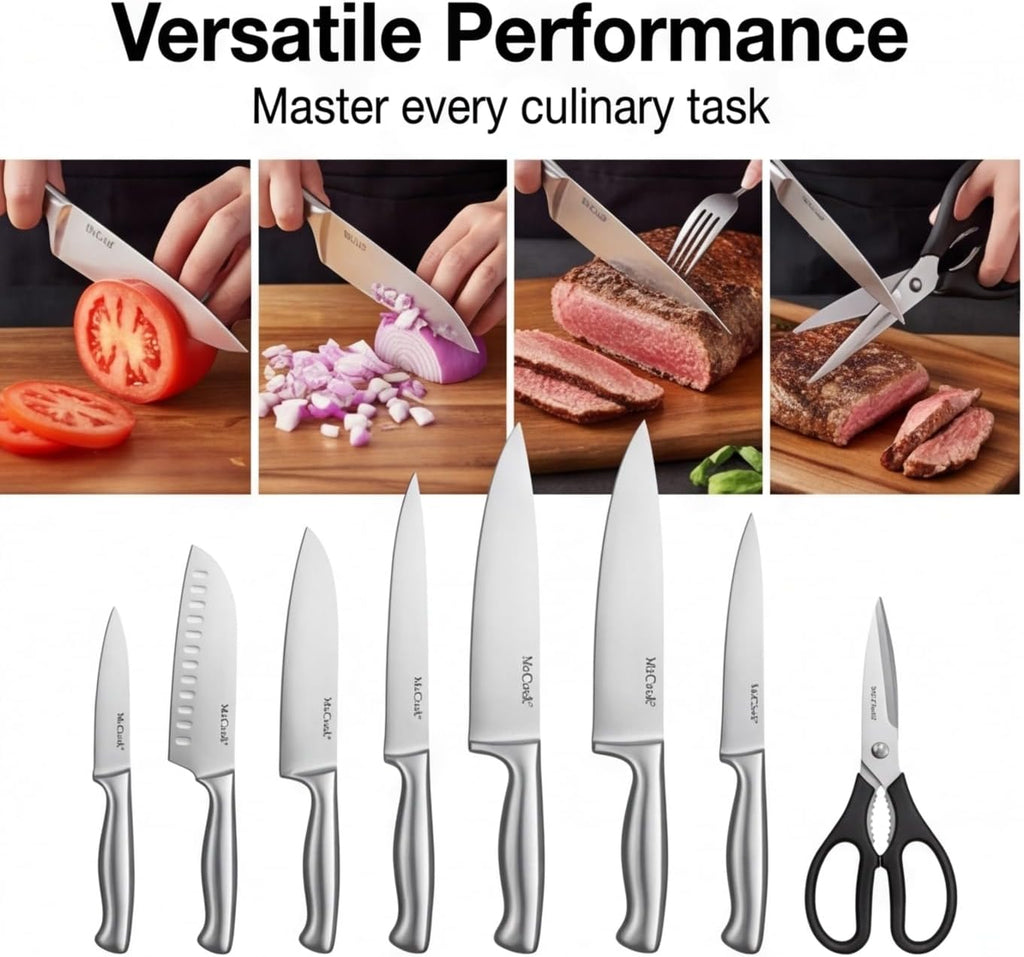 Knife Set Kitchen Steel Knife Block Set w Built-in Sharpener | German Forged Stainless Steel,15 PC,Razor