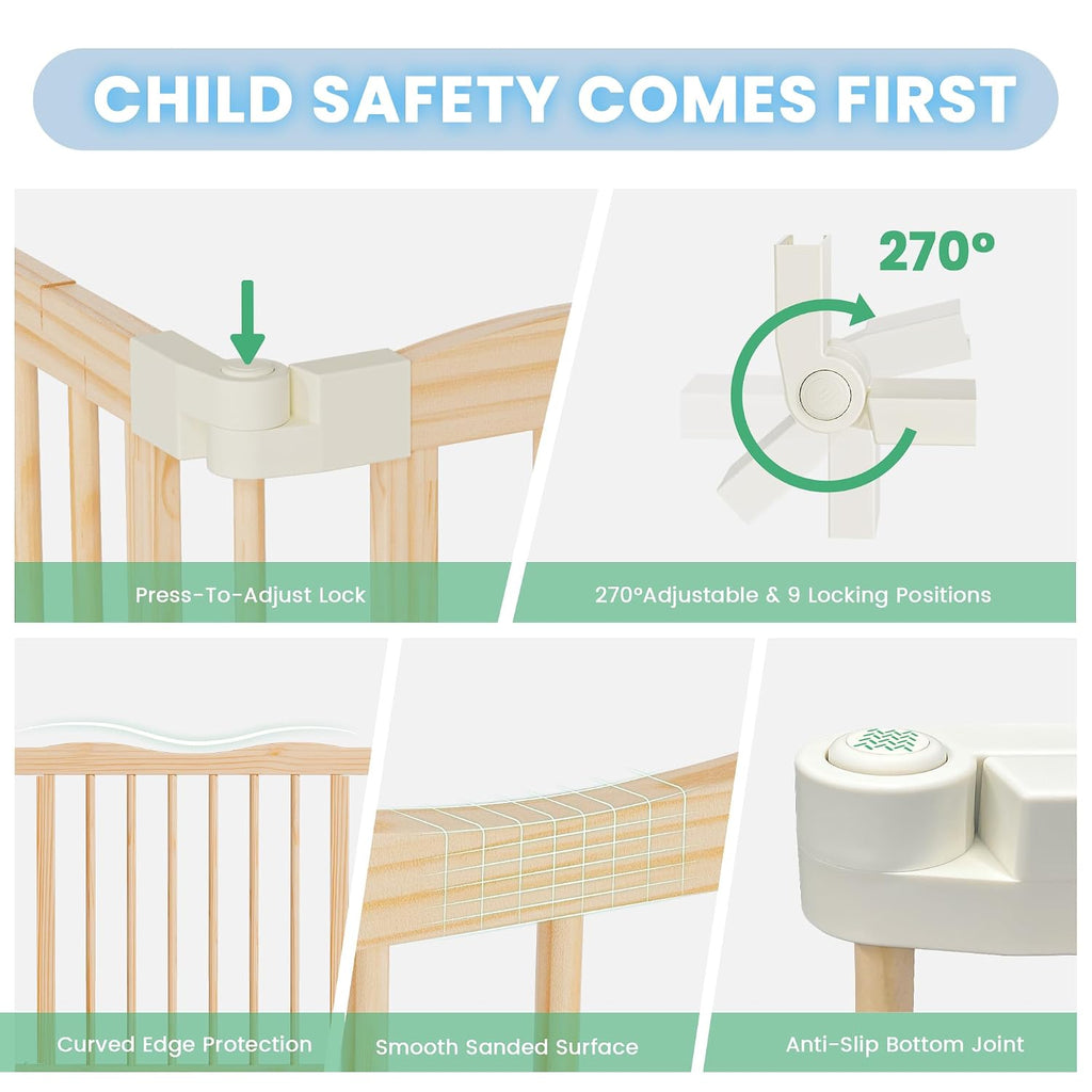 Foldable Wooden Playpen - Adjustable Wood Baby Play Yard with Child-Proof Lock, 12 Panels