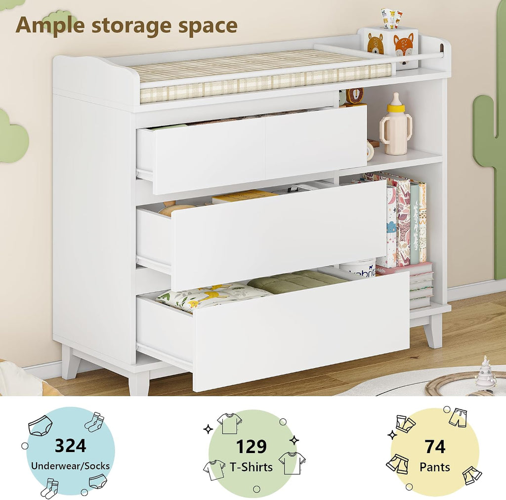 Baby Changing Table with 4 Drawers & 2 Open Shelves, Multi-Functional Nursery Changing Station with Storage, Pearl