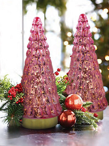 Pink Glass Christmas Tree 2pcs, Tabletop Mercury Christmas Tree with Light, Battery Operated Small Xmas Tree for
