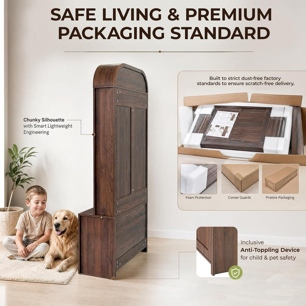 Narrow Entryway Hall Tree with Storage Bench, Modern Fluted Coat Rack and 2-Door Shoe Cabinet , Arched Mudroom