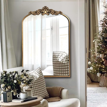 Gold Antique Mirror, 24"X36" Arched Bathroom Mirror, Victorian Antique Bronze Mirrors with Full Matel Frame, Wall Arch