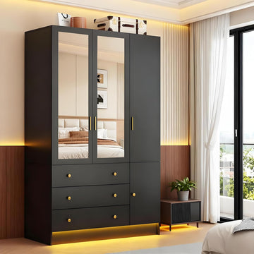 75" Tall Wardrobe Closet with 3 Doors & 3 Drawers, Modern Armoire with Mirror & LED Lights, Wooden Armoire Wardrobe