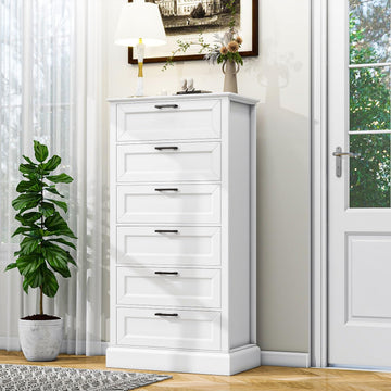 Tall White 6 Drawer Dresser, Wood Vertical Chest of Drawers , 55" H Modern Lingerie Dressers for Closet, Living Room