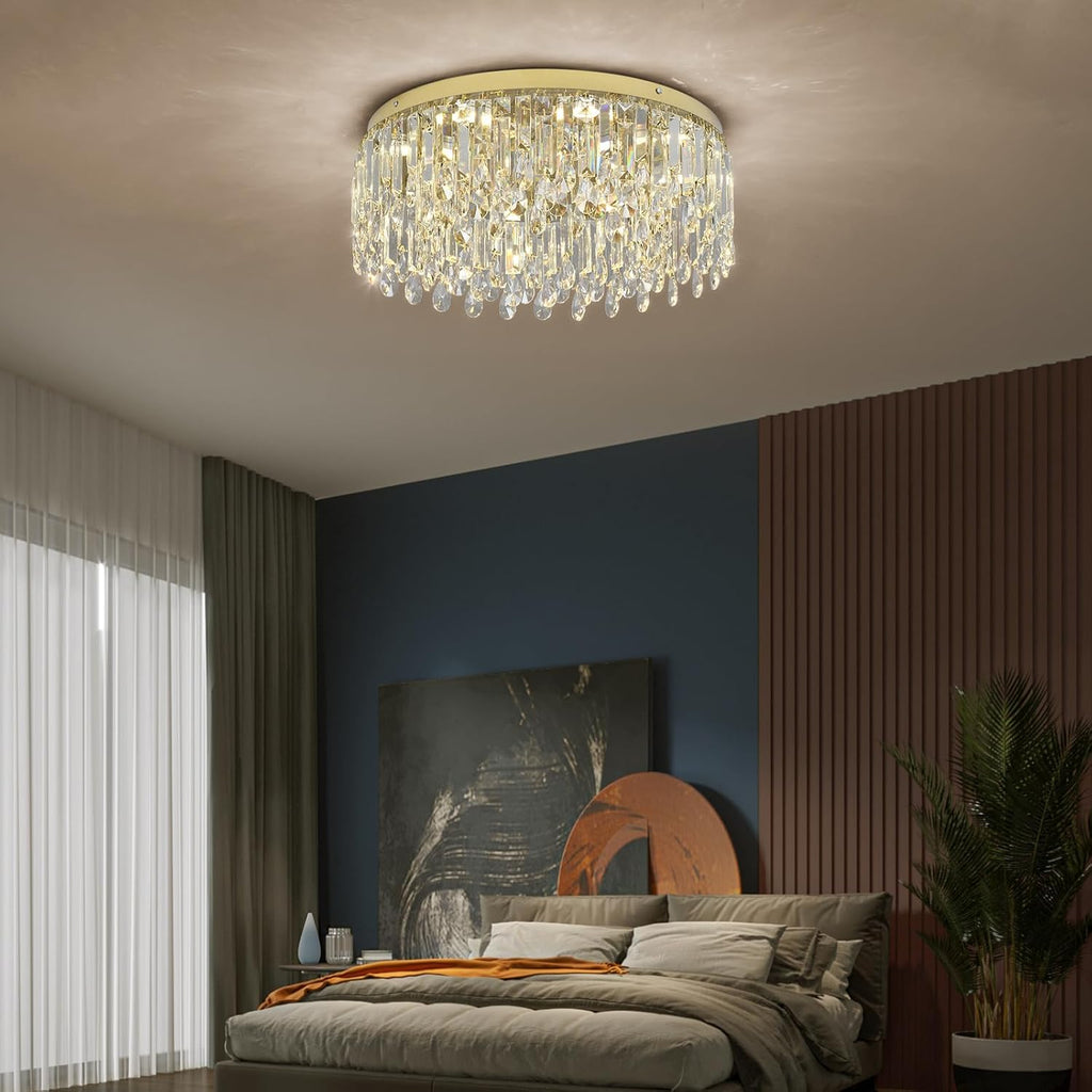 19.7" Gold Crystal Chandelier, Modern Flush Mount Ceiling Light Fixture Luxury Tri-Color LED Lighting for Living Room