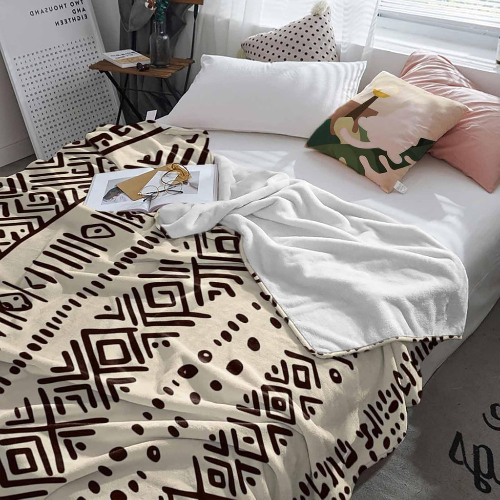 Boho Beige Throw Blanket Fleece Blanket, Vintage Tribe African Texture Soft Microfiber Fuzzy Cozy Lightweight Blankets