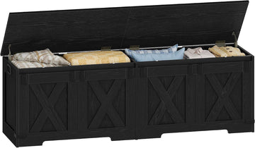 59" Storage Bench, Lift Top, 268L/70 Gal Large Chest | | Rustic Black, Farmhouse, FSC Wood, 330lb, Double Hinges