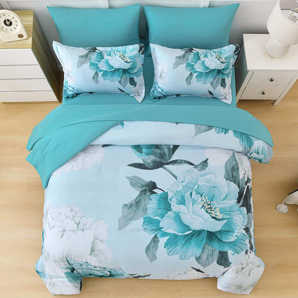 Floral Comforter Set Queen 7 Piece Bed in a Bag, Aqua Flowers Printed on Light Blue Comforter Set with Sheets, Soft - Set of 7