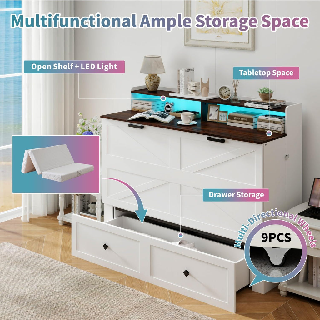Queen Murphy Bed with Mattress Included with LED Lights & Storage