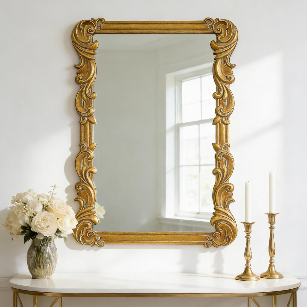 Antique Gold Baroque Mirrors for Wall Decor 30 X 21 Inch, Hanging Rectangular Wooden Frame Vintage Mirror