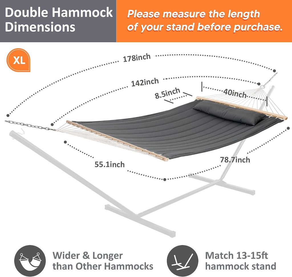 Heavy Duty Hanging Tree Hammock, 475 lbs Capacity, Gray | Two Person Hammock with Large Soft Pillow, Tree Hooks