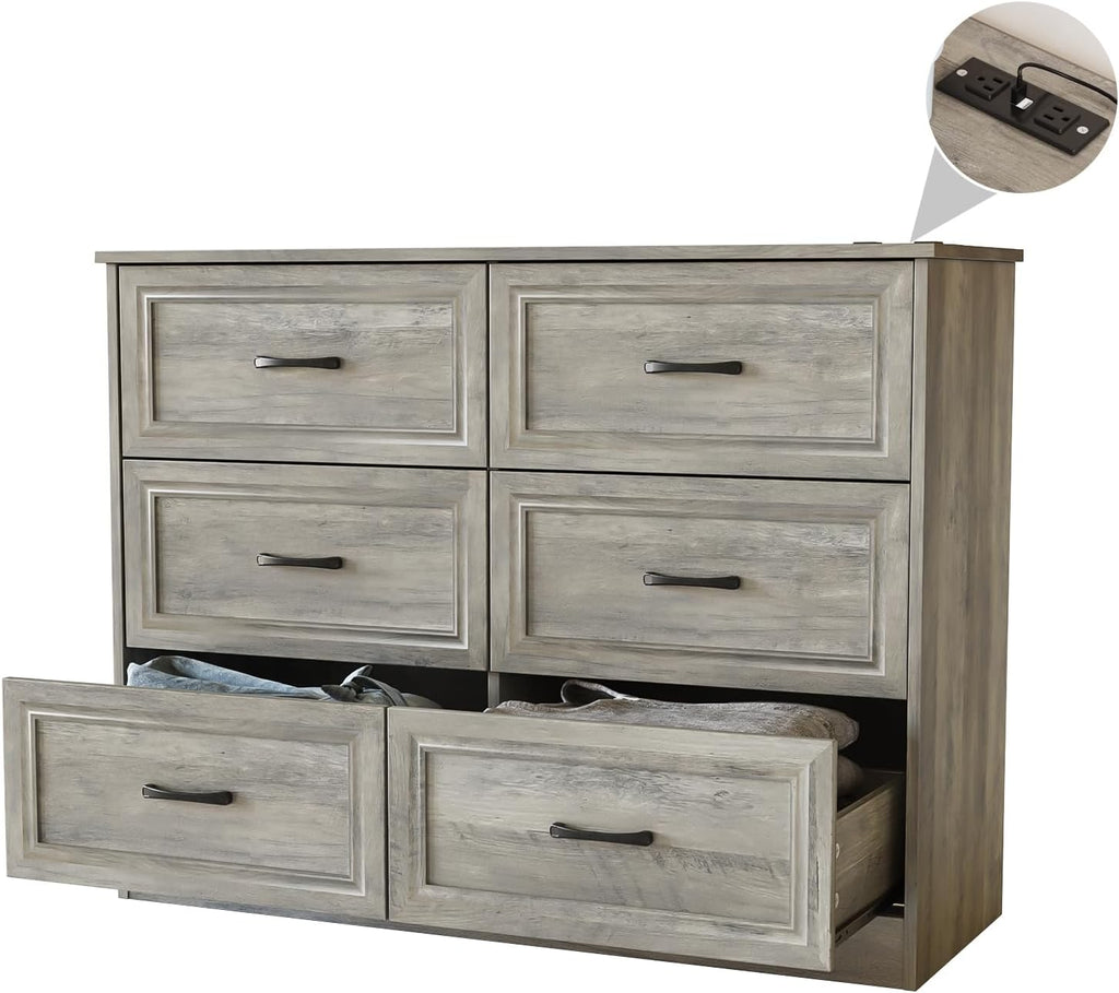 Dresser , 6 Drawer Wide Dresser Organizer with Charging Station, Tall Dresser , Wood Dresser with Metal Handles, Ash
