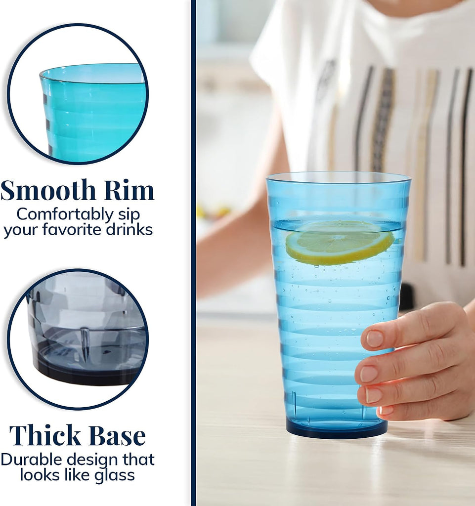 Splash [Set of 16] 18 ounce Plastic Stackable Water Tumblers in 4 Coastal Colors Value Set of Drinking Cups