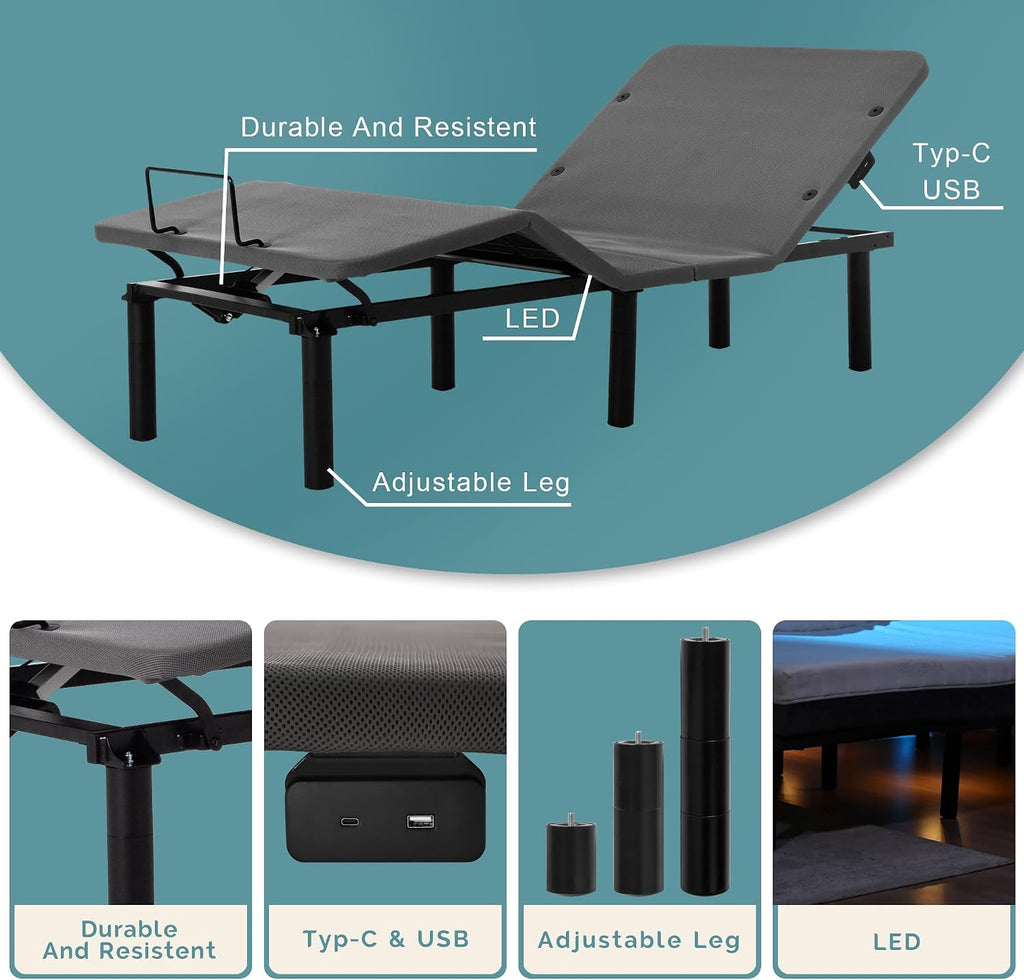 Adjustable Bed Frame Twin XL Bed Base with Wireless Remote, Head & Foot Incline, Zero Gravity,USB Type C (with