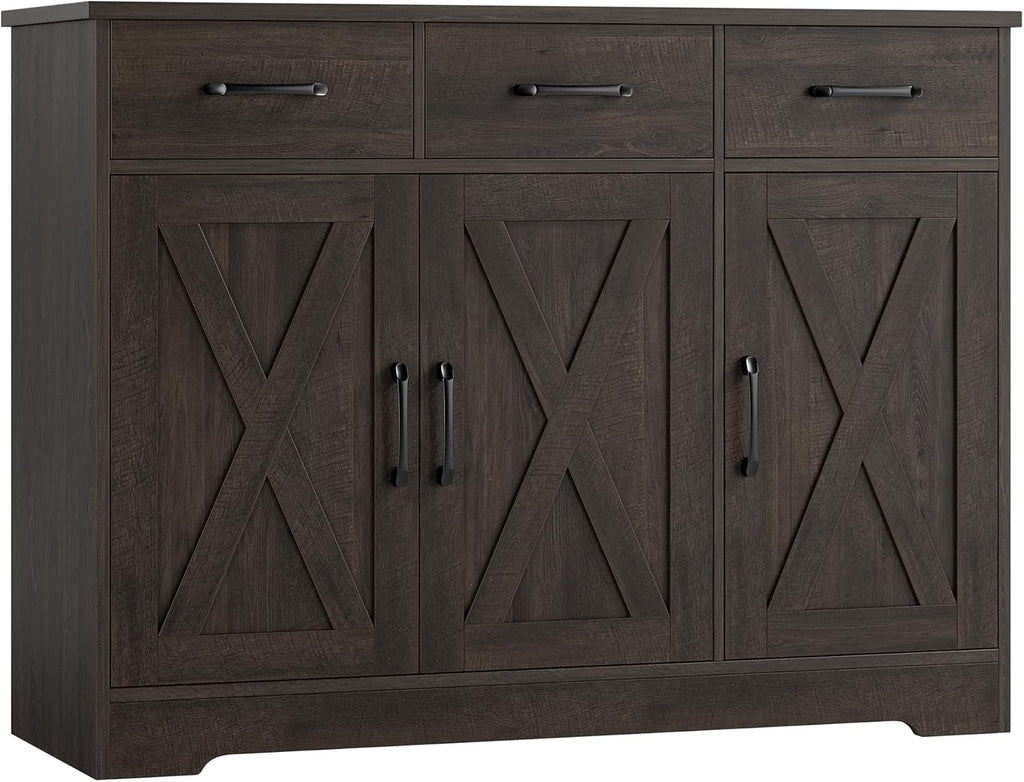 Kitchen Buffet Cabinet with Storage, Sideboard Coffee Bar, Brown | Farmhouse Kitchen Storage Cabinet with 3 Drawers &