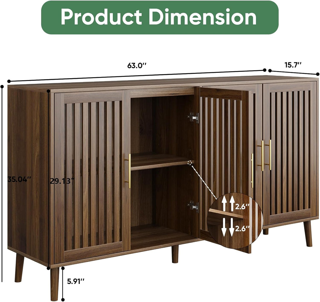Buffet Cabinet with Storage, 63" Walnut Sideboard with Grille Doors&Adjustable Shelf