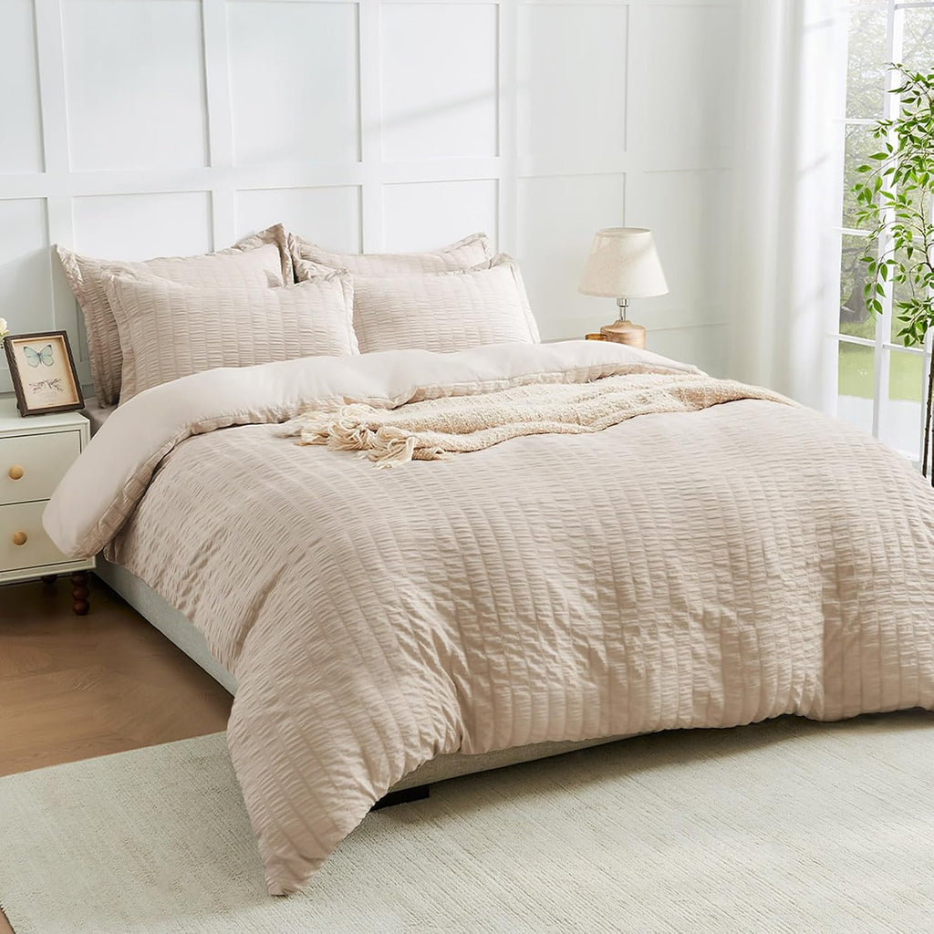 Beige Duvet Cover, Super Soft Seersucker Duvet Cover Set, 3-Piece Lightweight Duvet Cover with Zipper