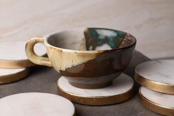 Handcrafted Marble Coasters with Gold Painted Edges - White Marble Coasters for Wine Glasses, Coffee Mugs - Set of 4
