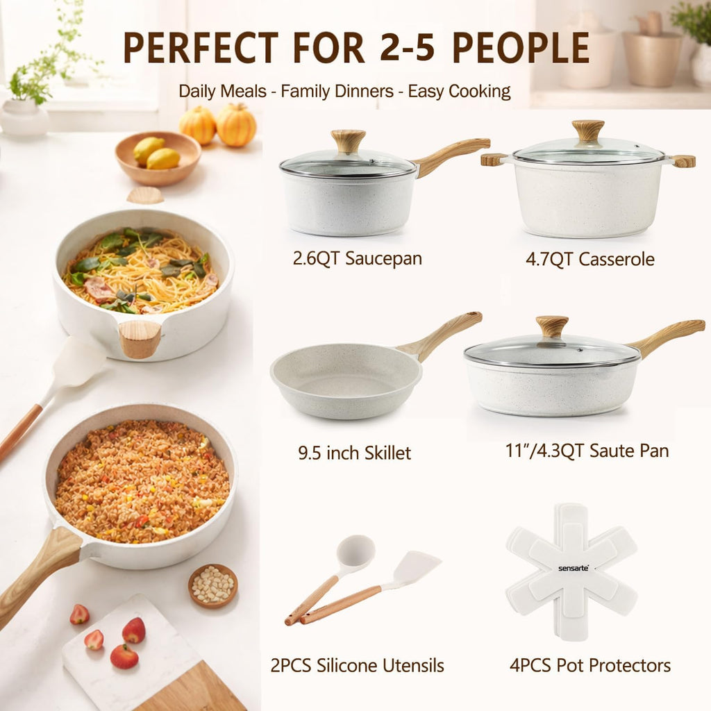 Nonstick Ceramic Cookware Set, 13-pcs Non-toxic Pots and Pans Set | Healthy Kitchen Cooking Set with Stay-Cool