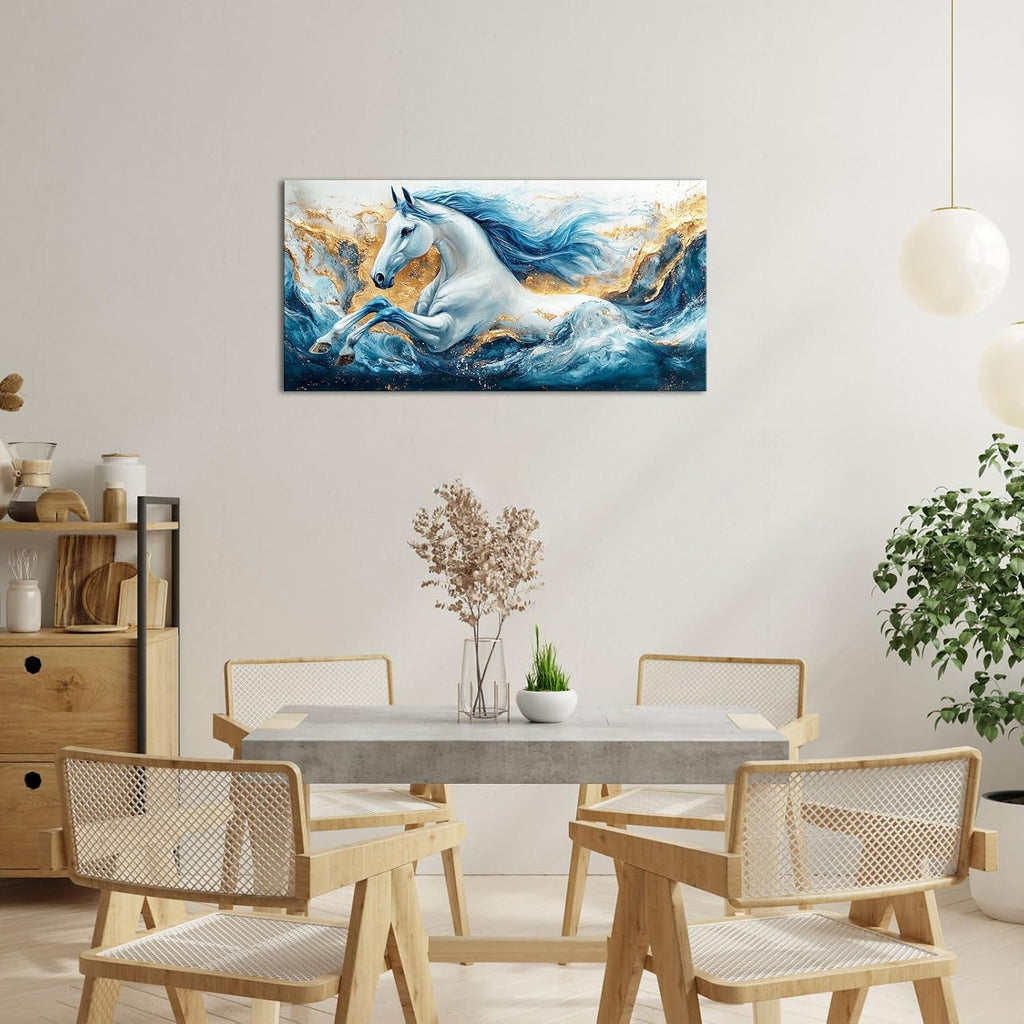 Abstract Horse Wall Art Modern Blue and Gold Sea Wave Animal Picture Wall Decor Canvas Prints Ocean Horse Painting