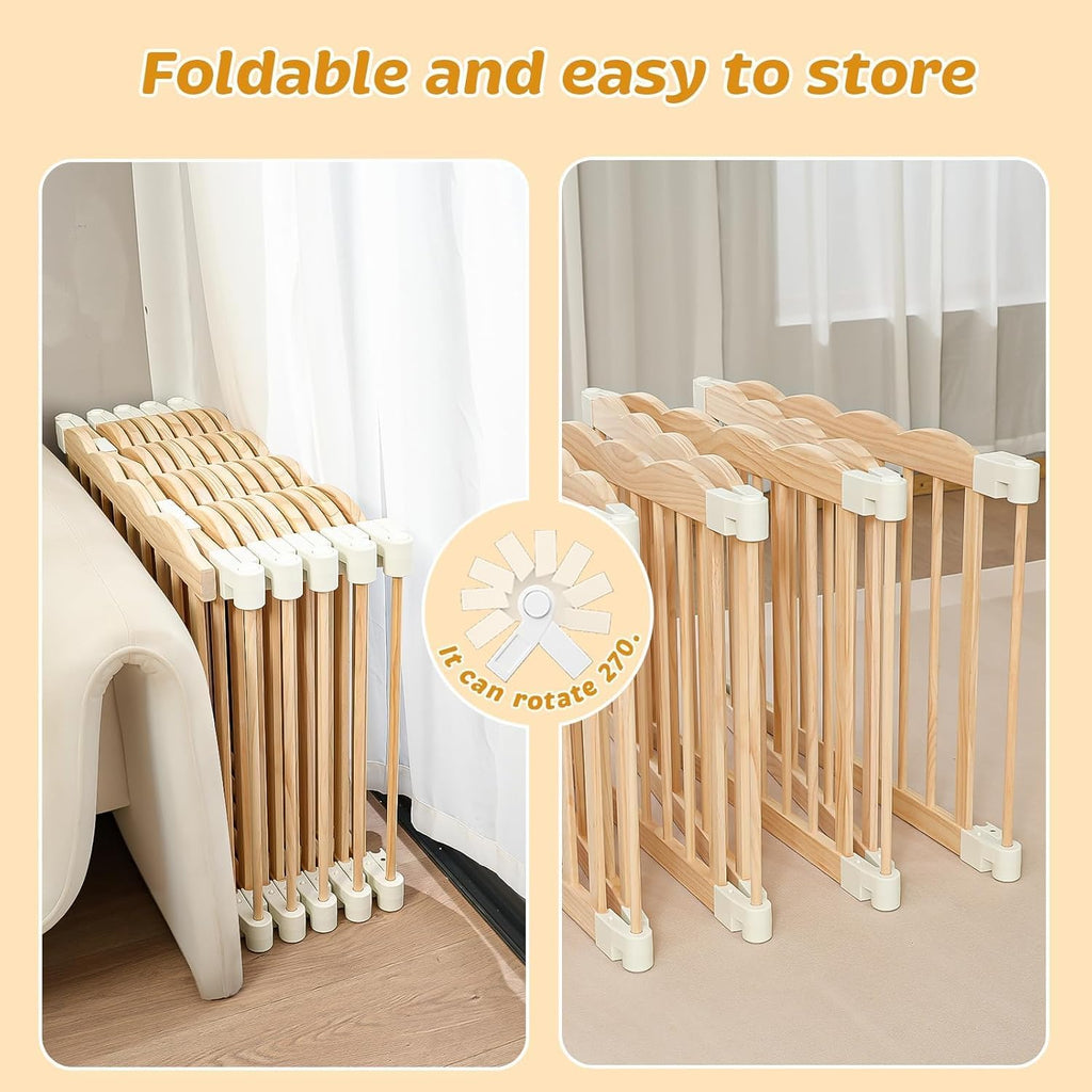 Wooden Baby Playpen 69x103 Inch Foldable Toddler Fence with Safety Lock | Extra Large Natural Wood Foldable Baby