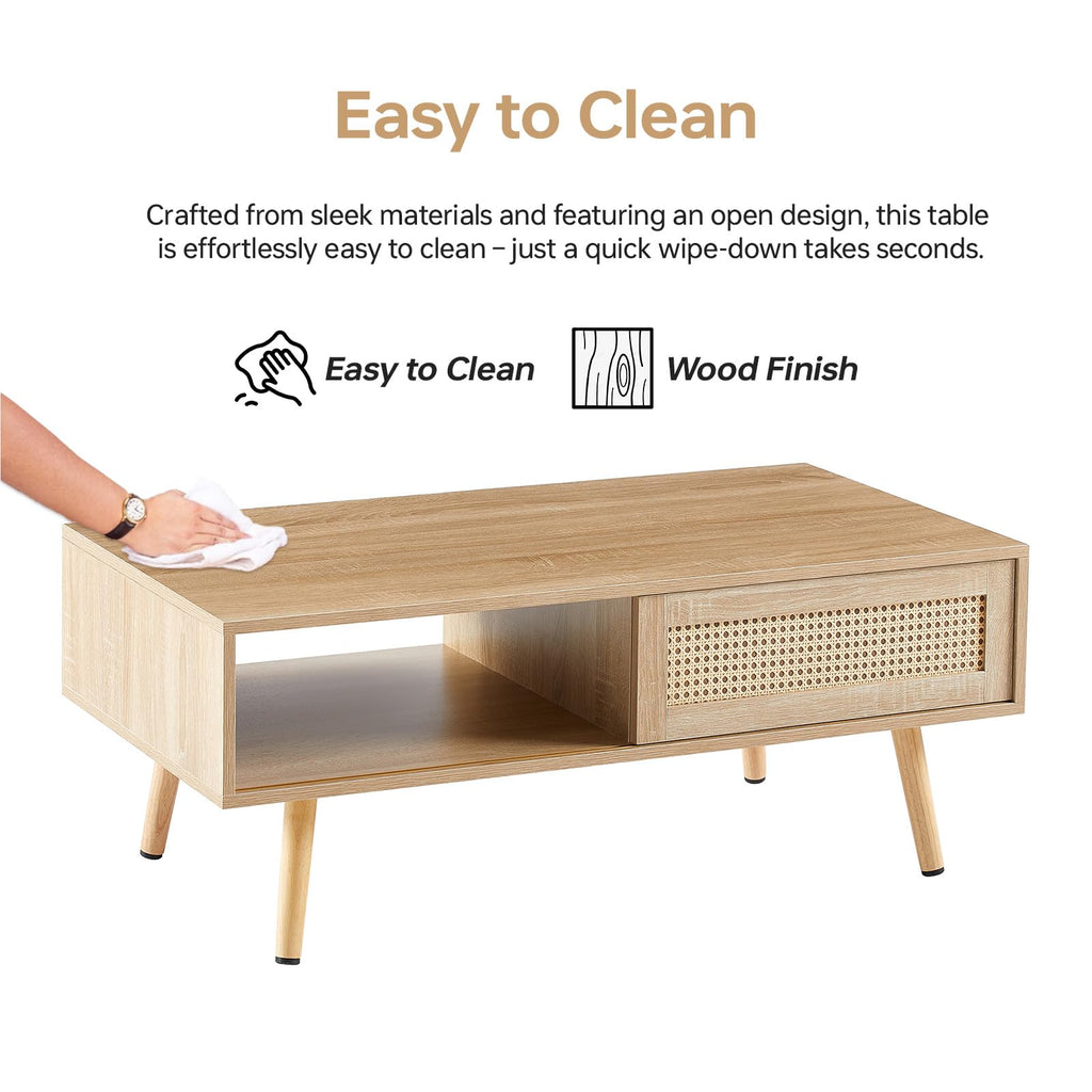 41.3 Inch Wooden Coffee Table with Storage, Modern Rectangle Accent Center Sofa Table with Sliding PE Rattan Woven