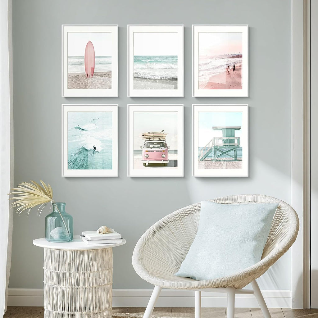Framed Coastal Beach Wall Art , 6 Piece Ocean Wave Surfboard Beachy Canvas Artworks, Pink and Aqua Green Seascape