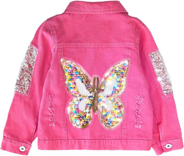 Little Big Girl Pink Denim Jacket Butterfly Sequins Outwear