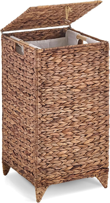Handwoven Laundry Hamper with Lid, Natural Water Hyacinth Heightened Feet Laundry Basket, Wicker Clothes Hamper with