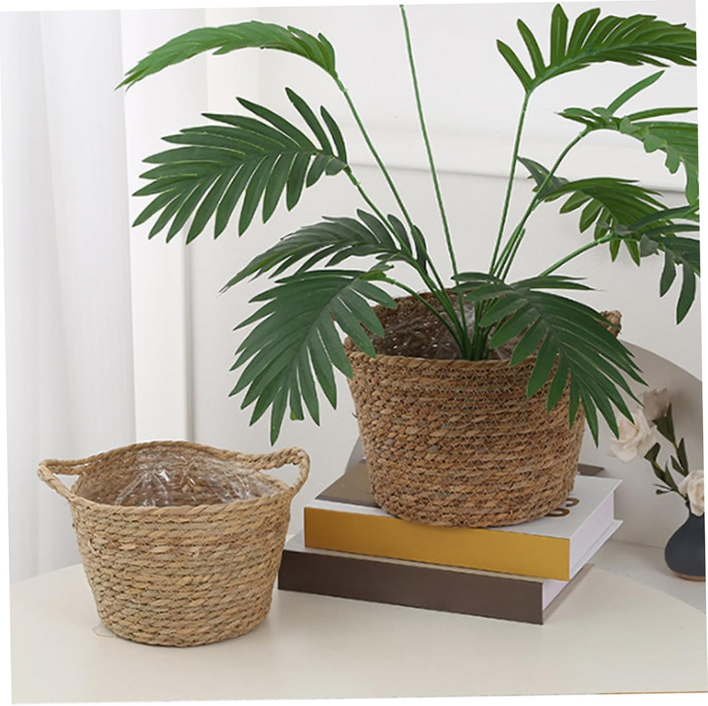 Wicker Blanket Basket, Decorative Round Seagrass Basket with Woven Handles, Planter Pot , Floor Standing Storage