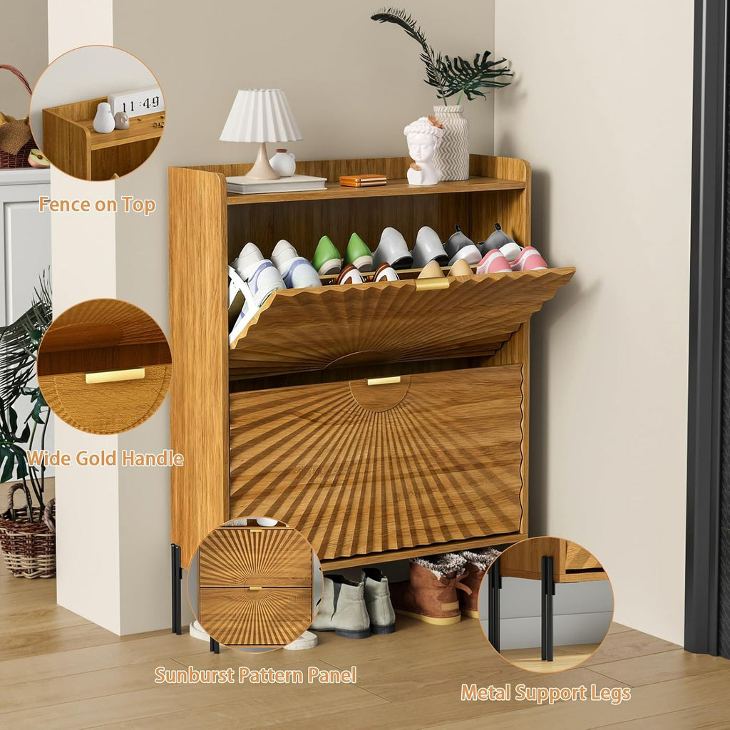 Two-Layer Shoe Cabinet with Two Flip Drawers,Wooden Thin Shoe Cabinet with Metal Handles and Metal Legs,Anti-Dump