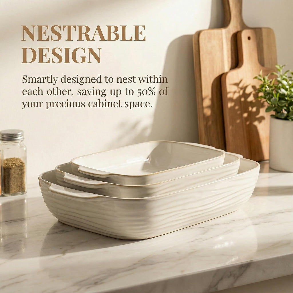 Dish for Oven, Ceramic Casserole Dishes Set for 3, Rectangular Lasagna Pan Deep, Pans with Handle, 12.9"/10.8"/8.4"