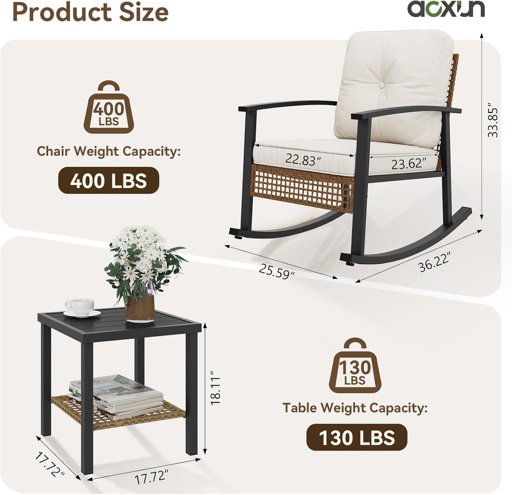 3-Piece Outdoor Rocking Bistro Set, Patio Furniture Set with Coffee Table and Thick Cushions, Wicker Rocking Chairs
