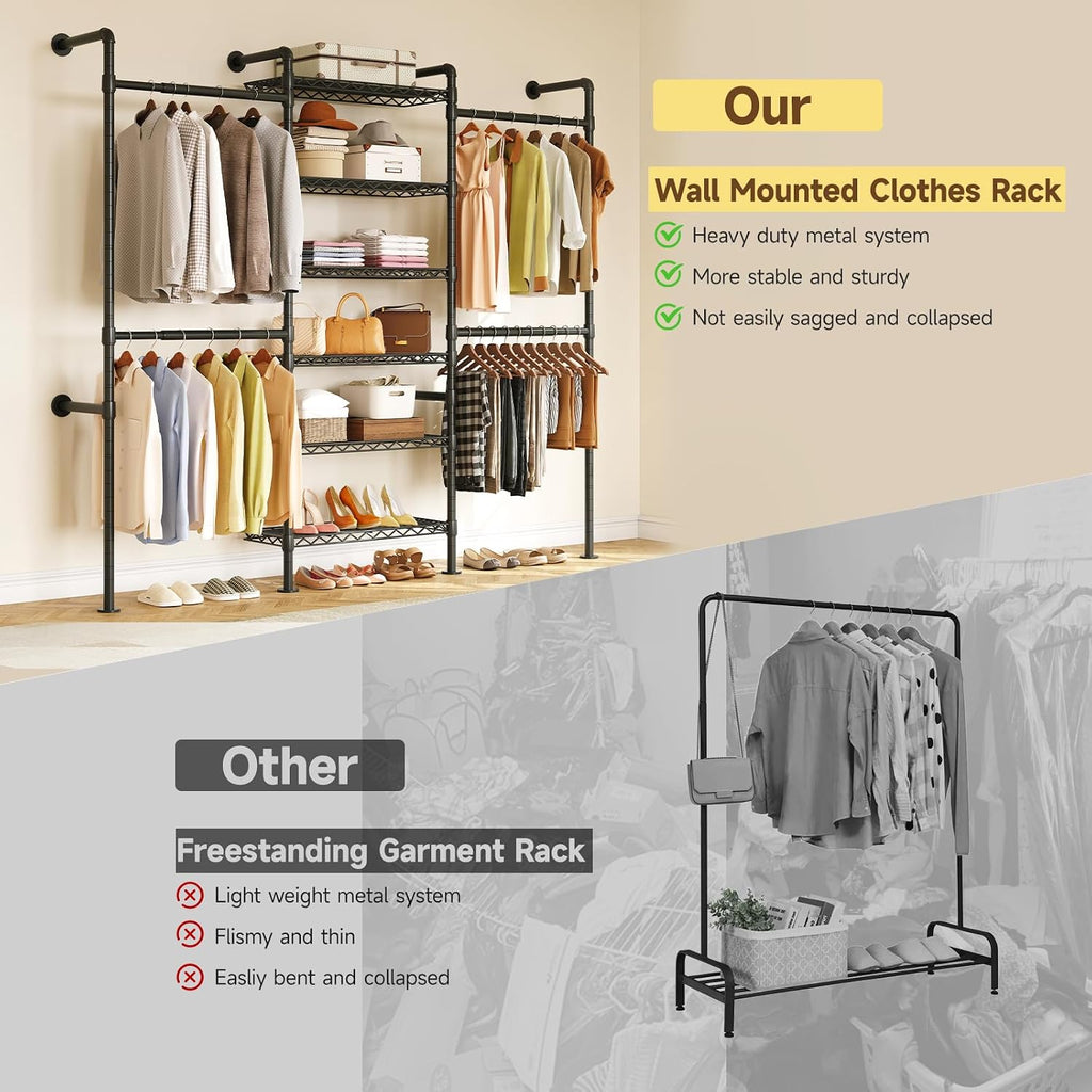 H3 Expandable Wall Mounted Closet System, 5.4FT-8.1FT Closet Organizer with 4 Telescopic Rods & 6 Wire Shelves