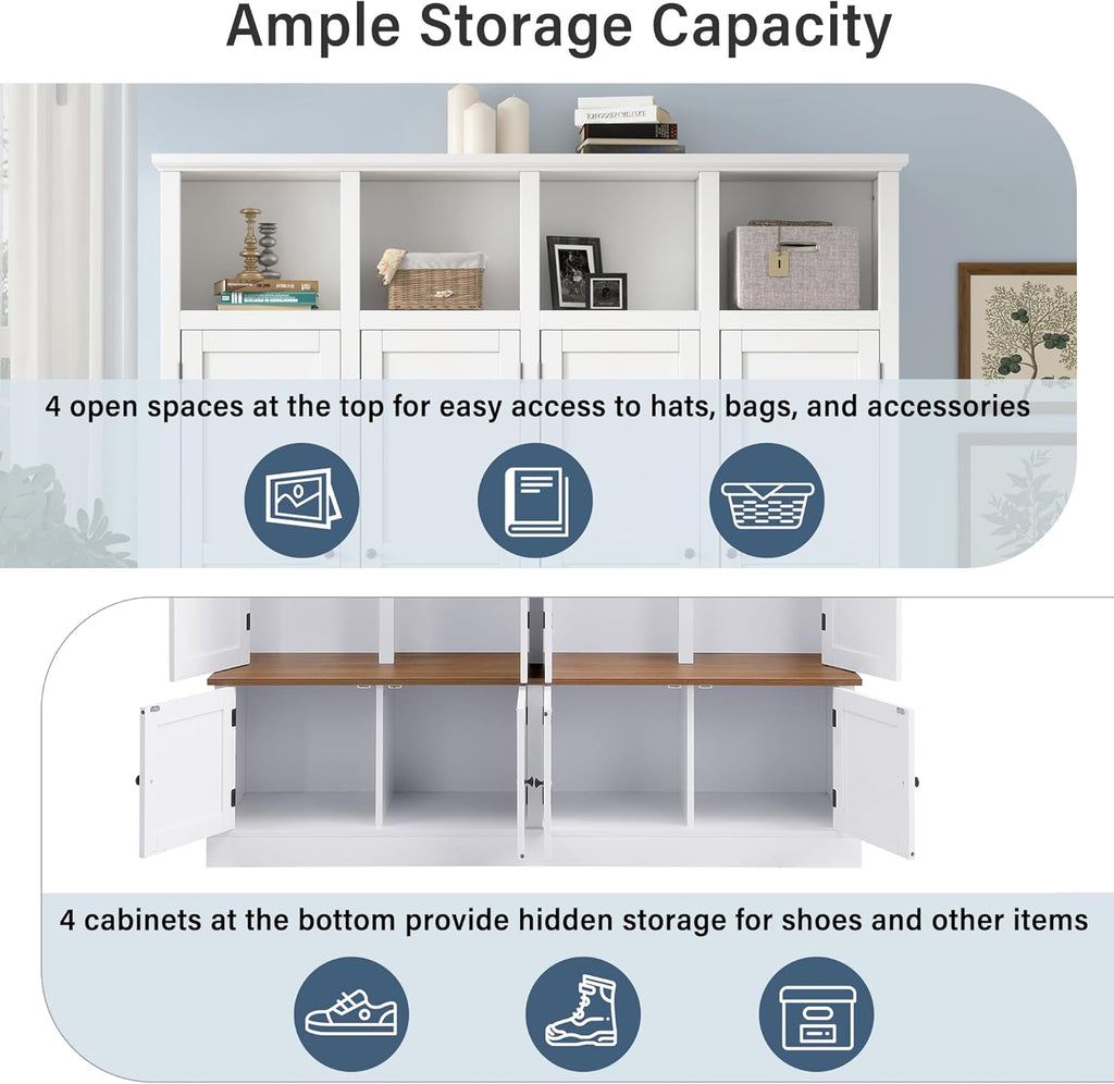Farmhouse Hall Tree with Bench and Cabinet, 4-in-1 Entryway Storage Organizer with Rack, Shoe Storage and Hooks for