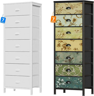 White Bedroom Dresser, Tall Dressers & Chests of Drawers with 7 Fabric Bins & Vintage Dressers & Chest of Drawers