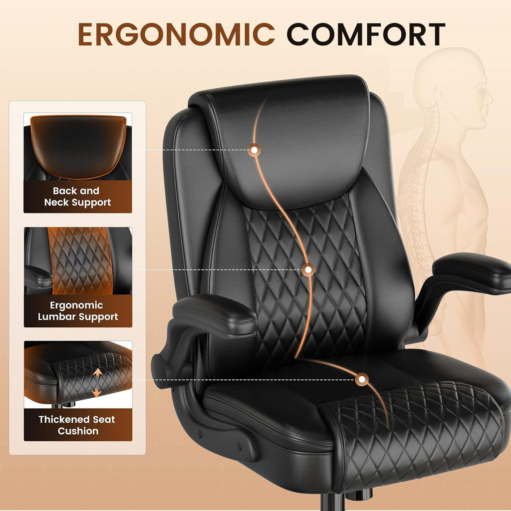 Leather, Home Desk Chair with Flip-up Arms and Ergonomic Back - Comfy Heavy Duty Executive Chair for Home Office