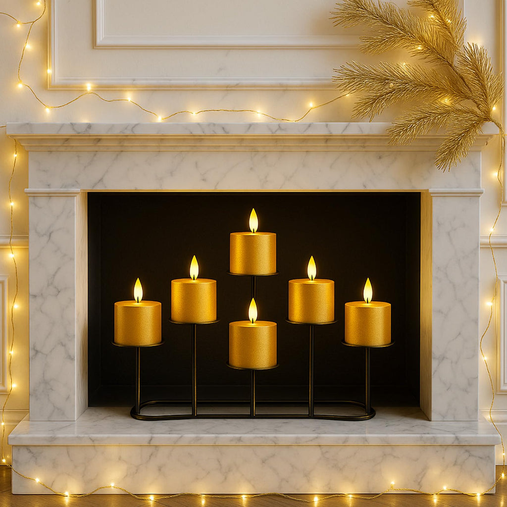 Fireplace Christmas Candelabra Candle Holder - Black Matte Geometric Multi Tier Design, Stable Base, Perfect for