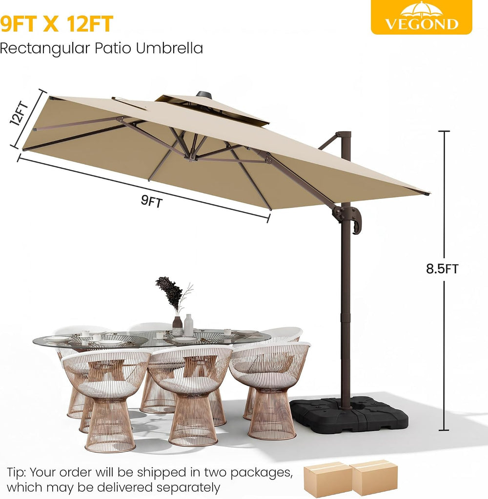 9x12 FT Patio Cantilever Umbrella with Base, Rectangular Heavy Duty Offset Umbrella for 6-8 People - Beige - 6D1G