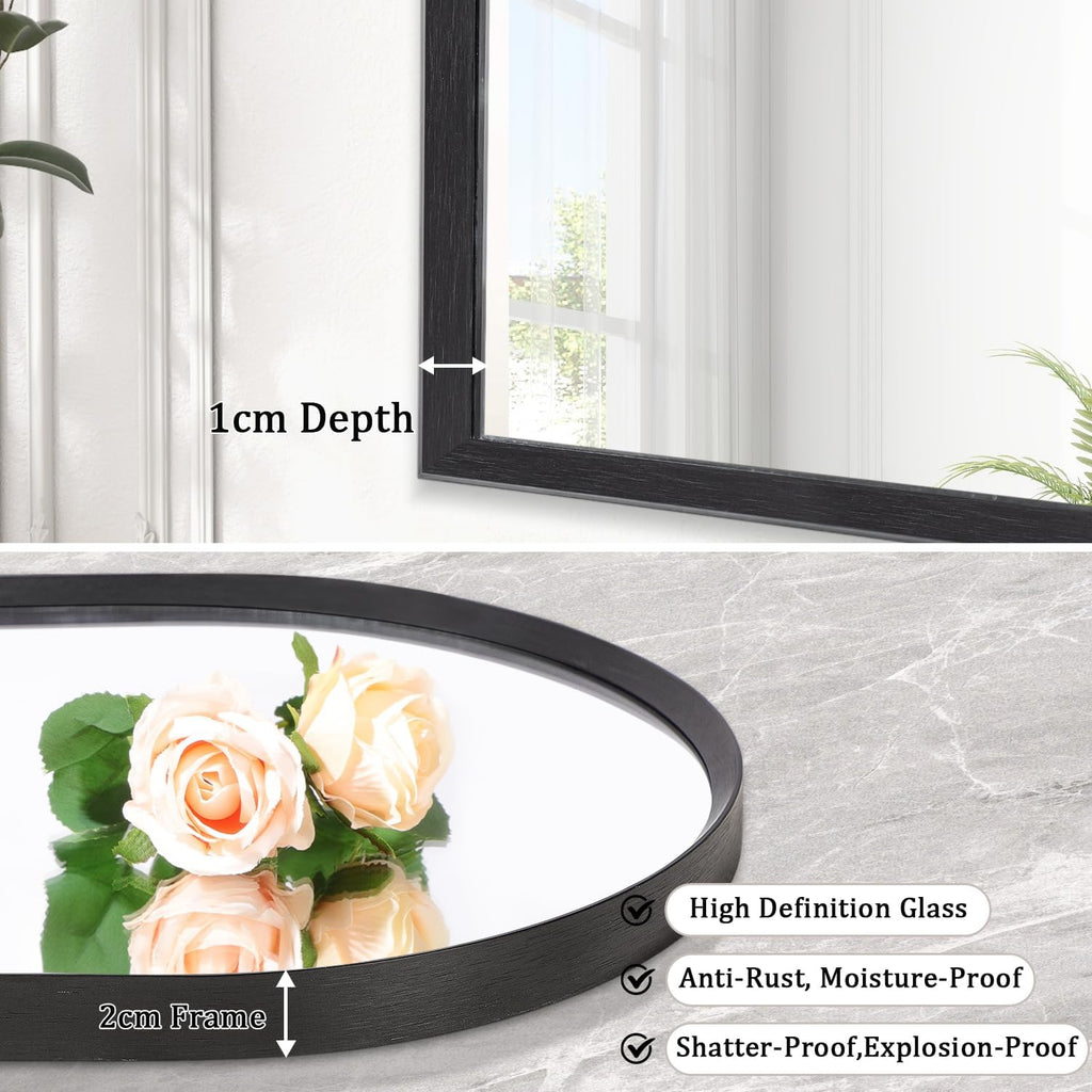 Black Arched Mirror, Modern Bathroom Wall Mirror Aluminum Alloy Framed Mirror Brushed Metal Vanity Wall Mounted Mirror