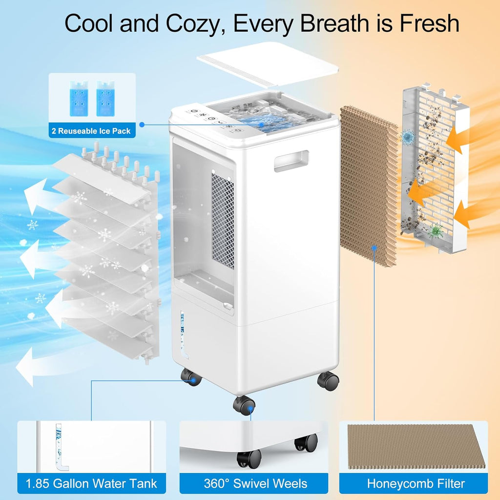 Portable Air Conditioners, 3-IN-1 Evaporative Air Cooler, Swamp Coolers w/ 3 Ice Pack, 1.85 Gal Water Tank, 4 Modes