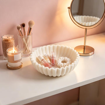 White Maeble Style Decorative Bowl, Entryway Console Centerpiece | Coffee Table Mantel Bookshelf Decor, 10" Scalloped